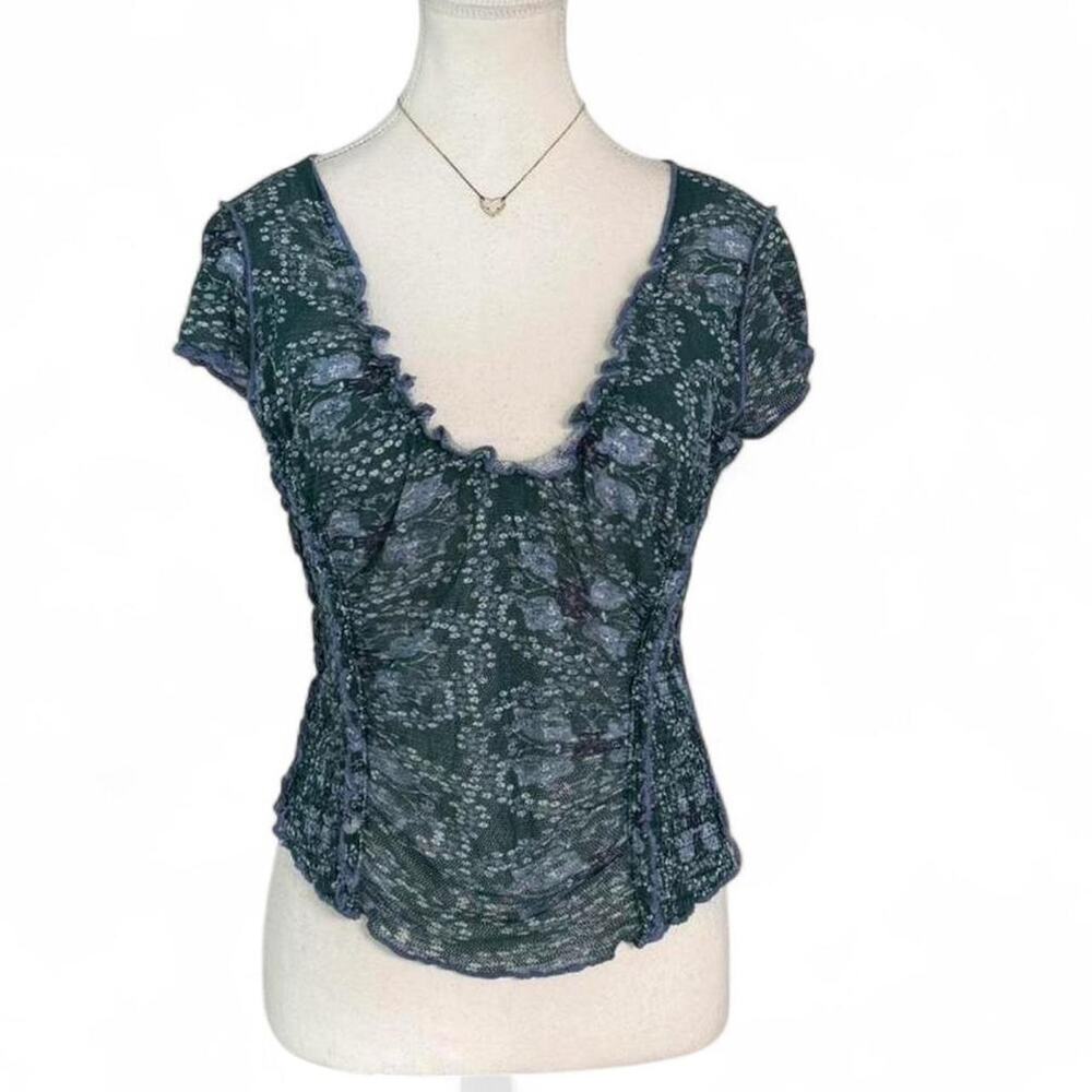 Free People Oh My Baby Blouse Seagrass Blue Combo Floral Print Size Large